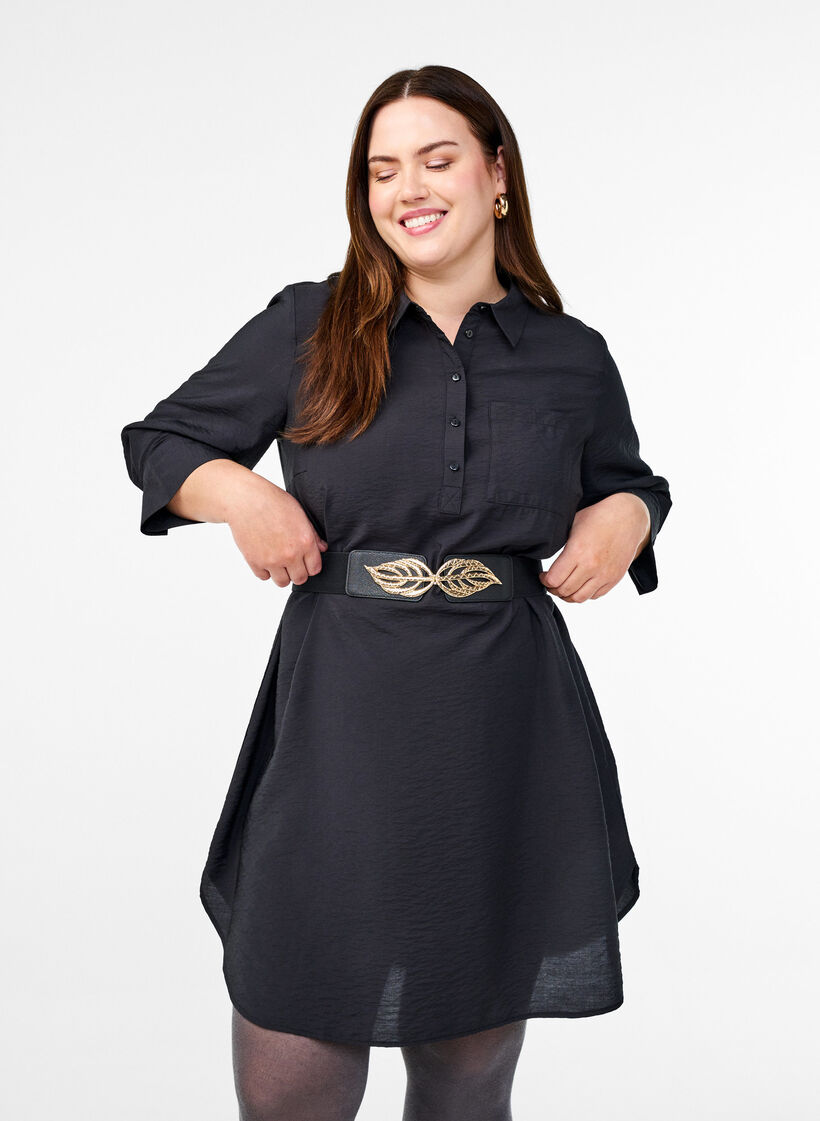 Elastisk midjebelte med gullfarget bladspenne, Black, Model image number 1