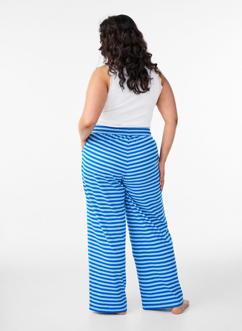 Stripete pyjamasbukser med h&oslash;y midje og vide ben, Bl&aring;, Model image number 1