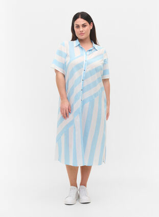 Kortermet skjortekjole i bomull med striper, Blue Bell Stripe, Model image number 2