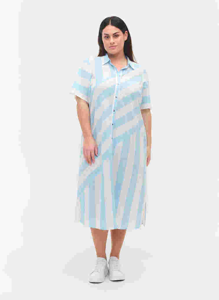 Kortermet skjortekjole i bomull med striper, Blue Bell Stripe, Model image number 2