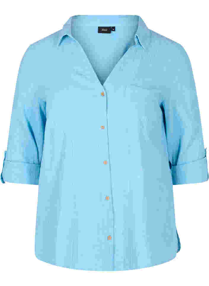 Bluse med 3/4-ermer og knapper, Alaskan Blue, Packshot image number 0
