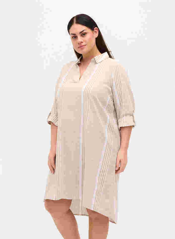 Kjole med V-hals og krage, White Taupe Stripe, Model
