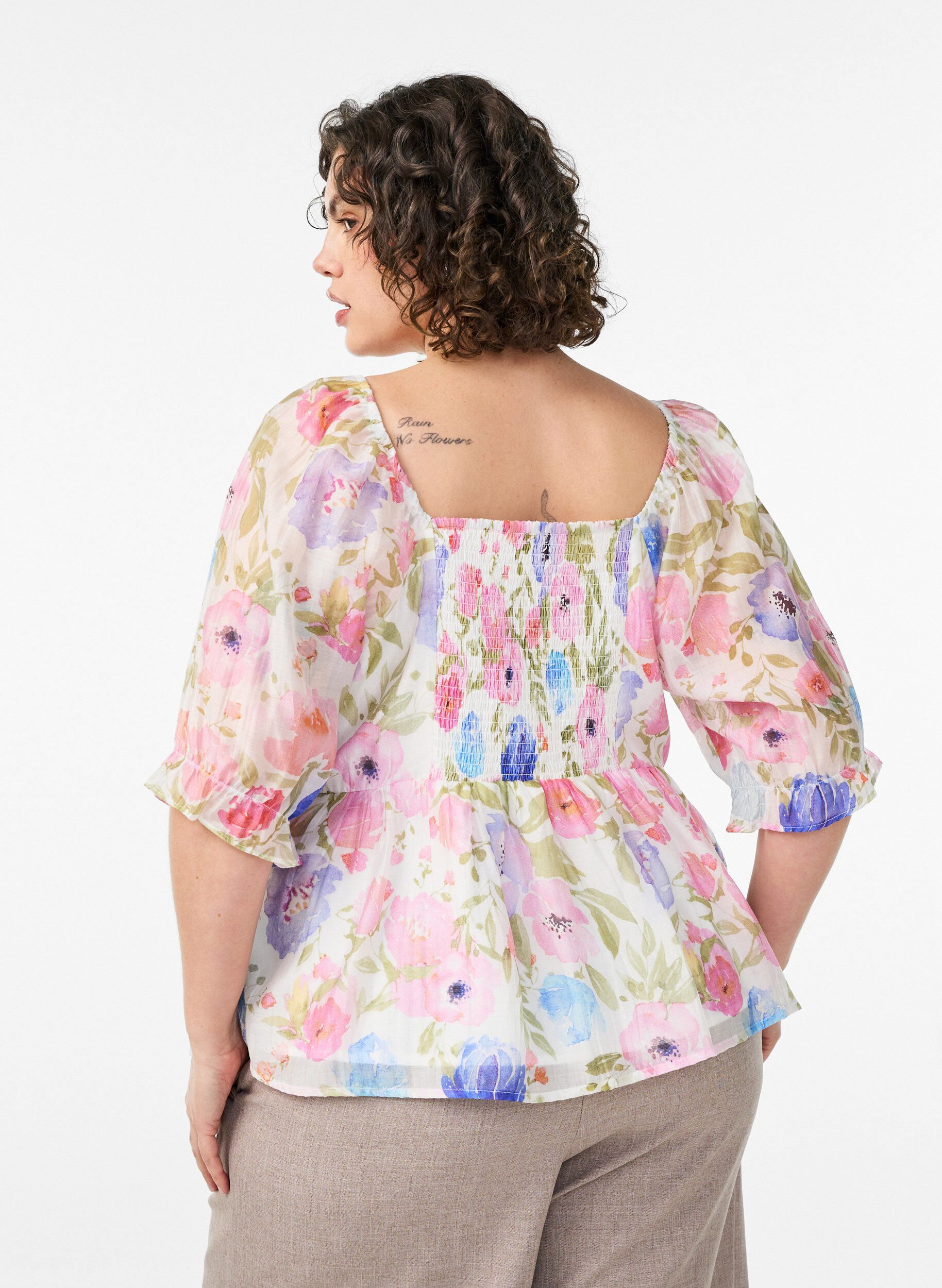 ZizziBluse i lyocell med blomstertrykk og sweetheart-utringning, Hvit, Model image number 2