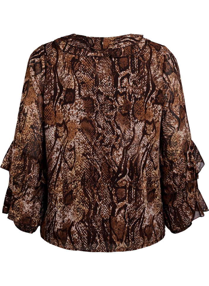Bluse med dyretrykk og volanger, Brown Snake AOP, Packshot