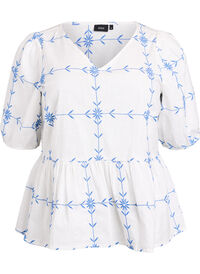 Kortermet bluse med v-hals og broderi, Hvit Kortermet bluse med v-hals og broderi