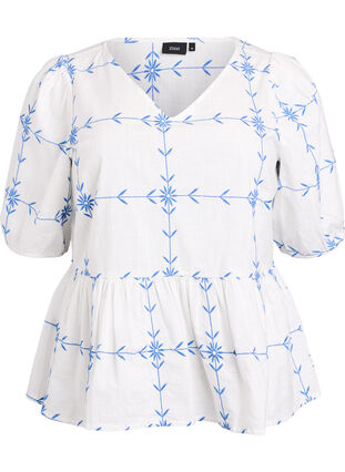 Zizzi Kortermet bluse med v-hals og broderi, B.White Daphne Emb., Packshot image number 0