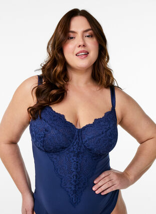Zizzi Body med bøyle og blonder, Blå, Model image number 2