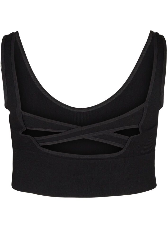 Ensfarget sports-BH med en krysset rygg, Black, Packshot image number 1