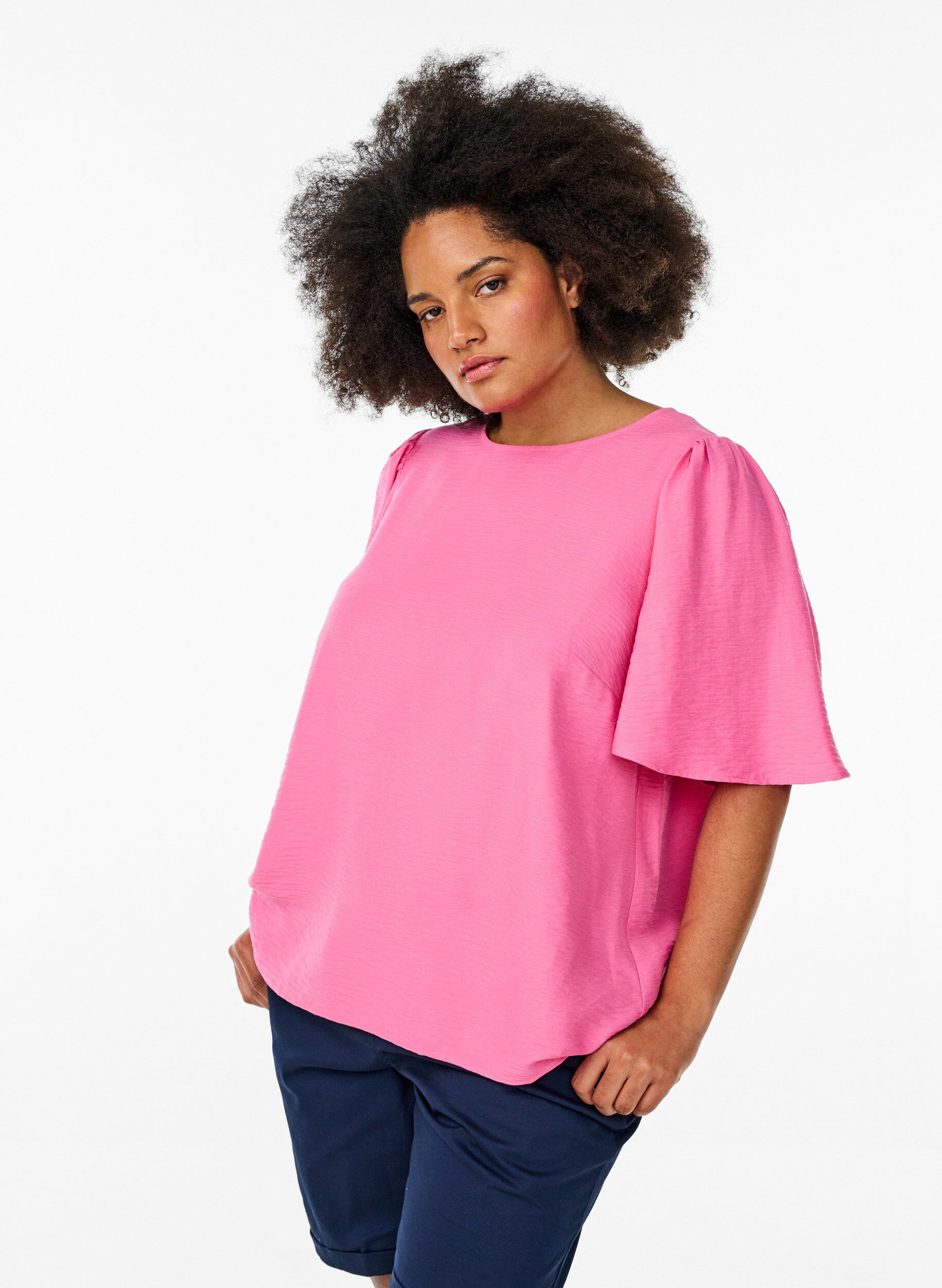 Bluse med korte, vide ermer, Rosa, Model