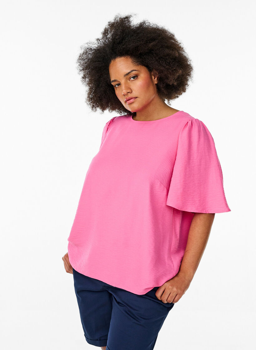Bluse med korte, vide ermer, Rosa, Model image number 0