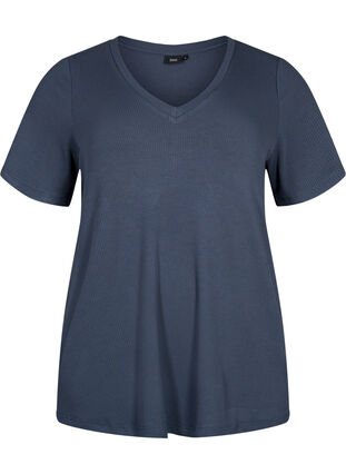T-skjorte i viskose med ribb og V-hals, Umbre Blue , Packshot image number 0