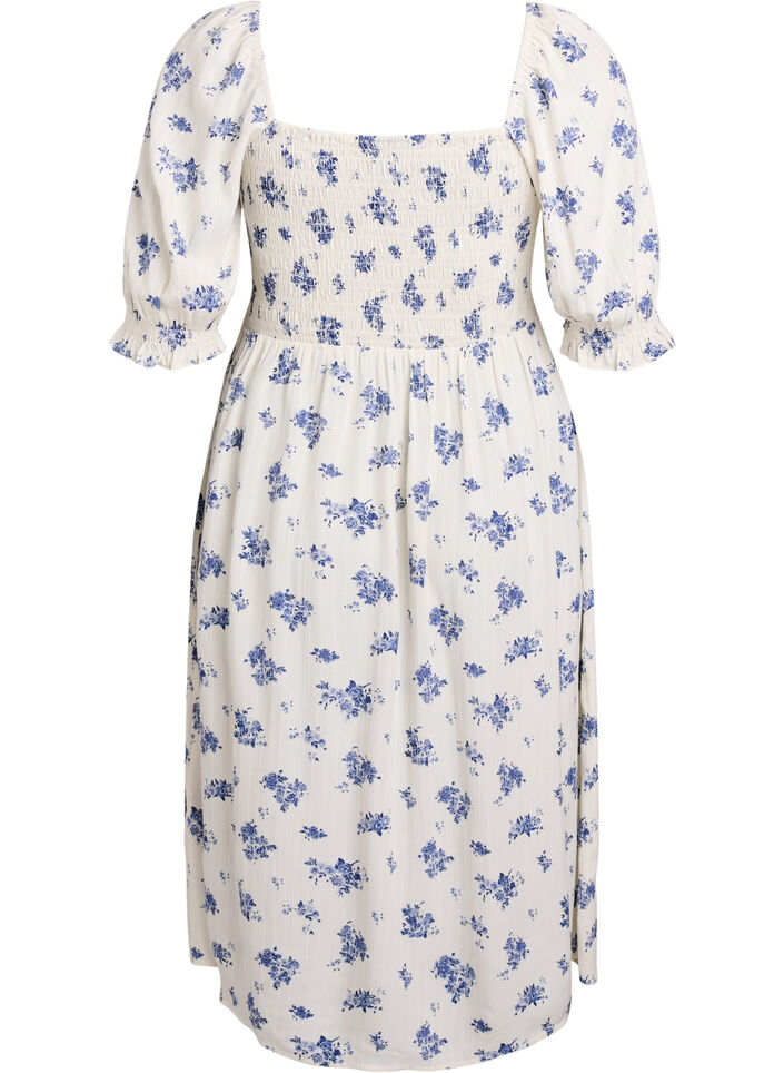 Blomstrete midikjole av viskose med smock, Hvit, Packshot image number 1