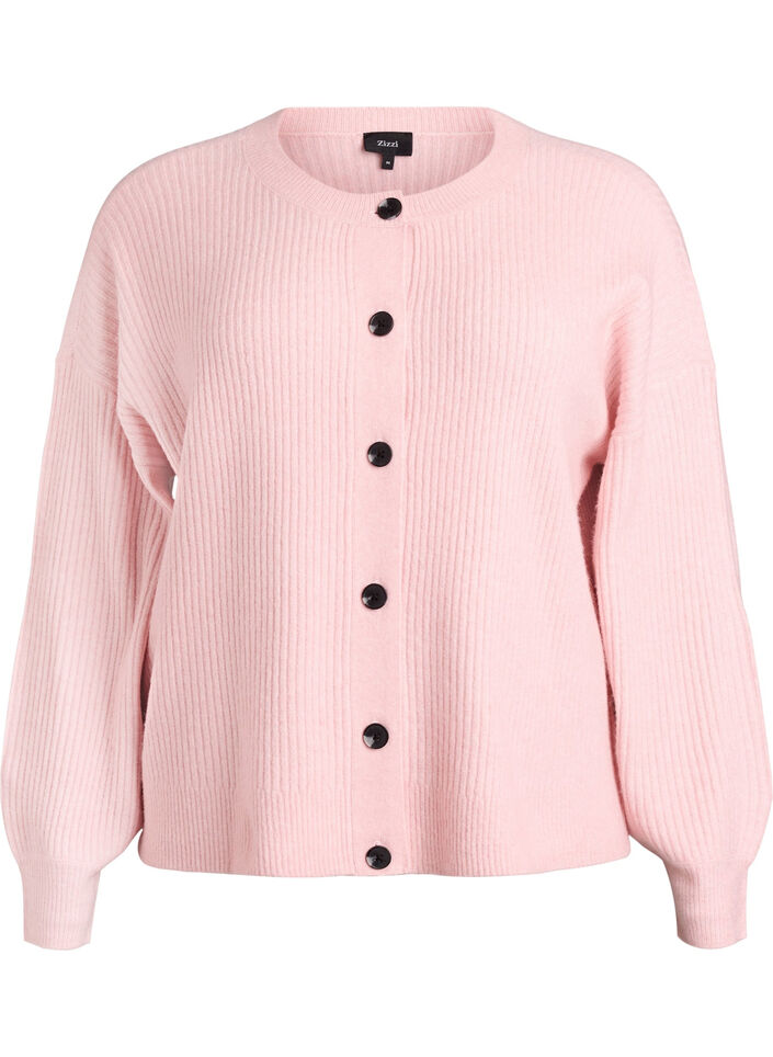 Ribbestrikket cardigan med knapper, Rosa, Packshot image number 0