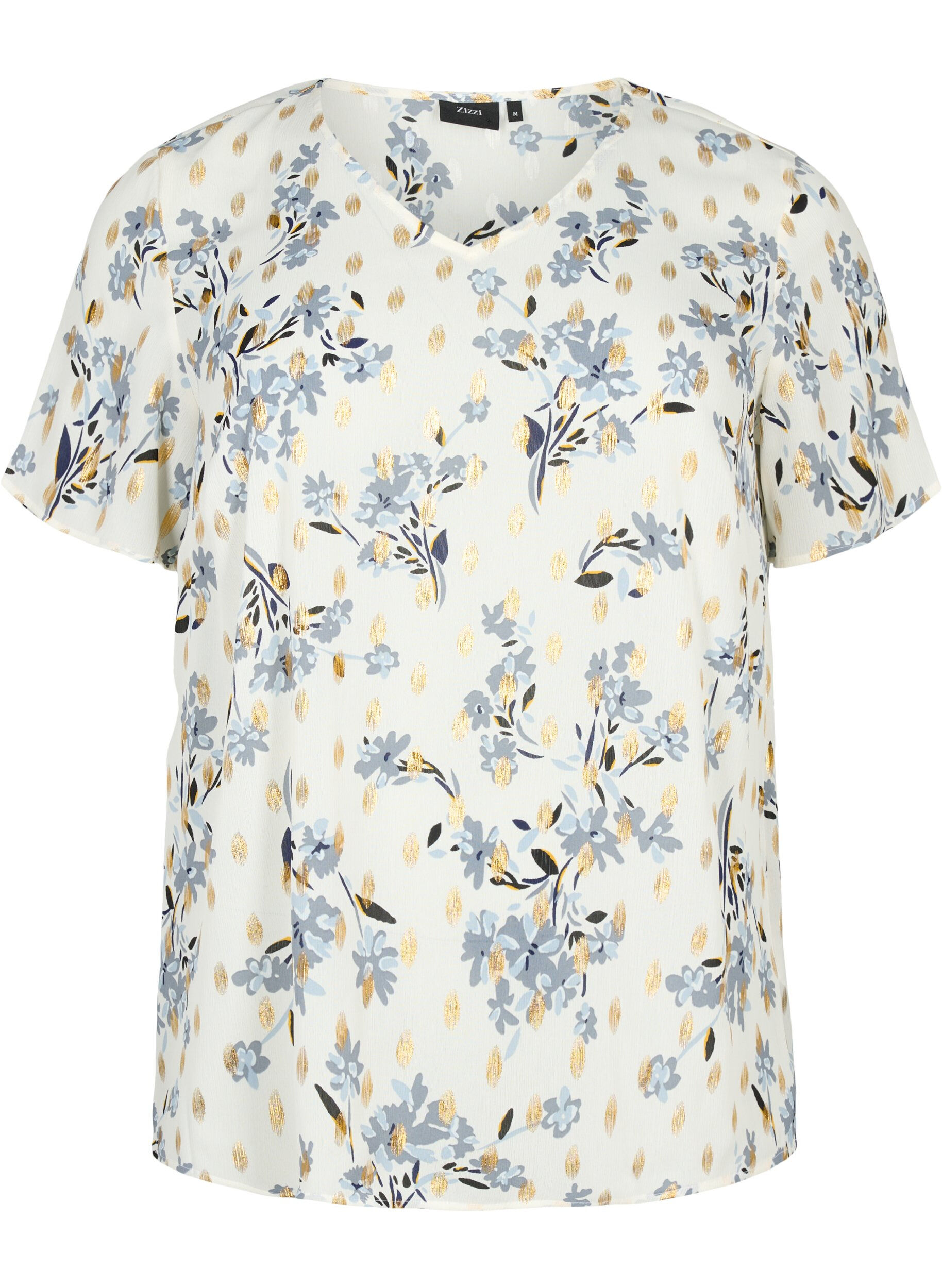 Zizzi Bluse med print og lurex, White Flower/Gold, Packshot image number 0