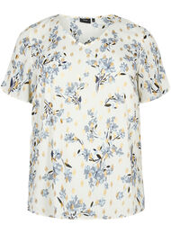 Bluse med print og lurex, White Flower/Gold