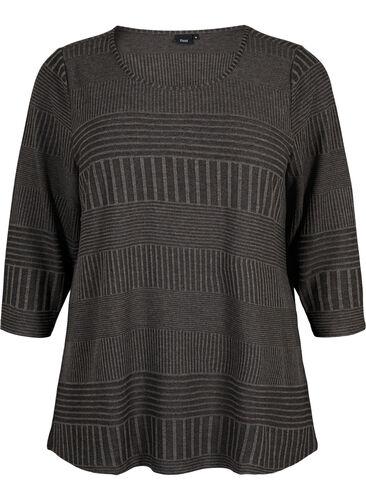 Bluse med 3/4-ermer og stripemønster, Dark Grey Melange, Packshot image number 0
