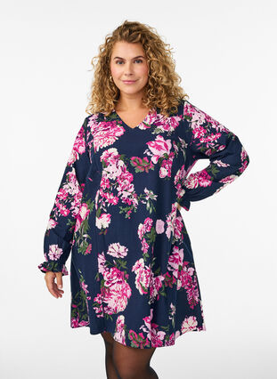 Zizzi Kort bomullskjole med V-hals og lange ermer, Blå, Model image number 0