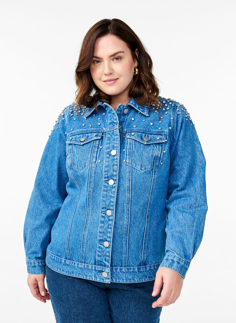 Denimjakke med rhinesteiner, Blue Denim, Model