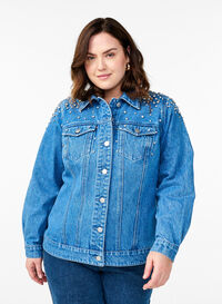 Denimjakke med rhinesteiner, Blå Denimjakke med rhinesteiner, Blå, Model