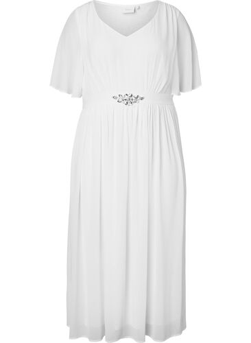 Maxikjole med draperinger og korte ermer, Bright White, Packshot image number 0