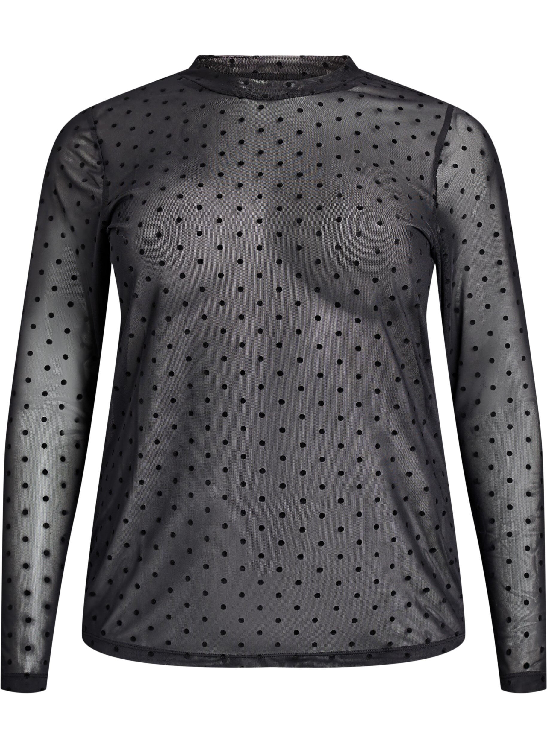 Zizzi Bluse med mesh og prikker, Svart, Packshot image number 0