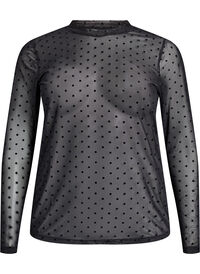 Bluse med mesh og prikker, Svart Bluse med mesh og prikker