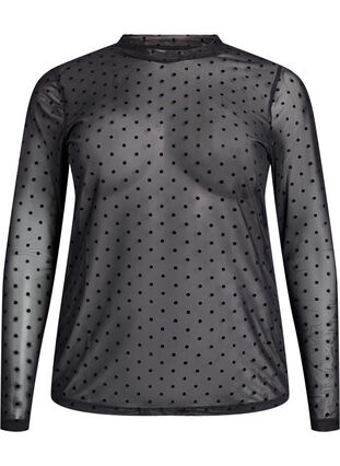 Zizzi Bluse med mesh og prikker, Svart, Packshot image number 0