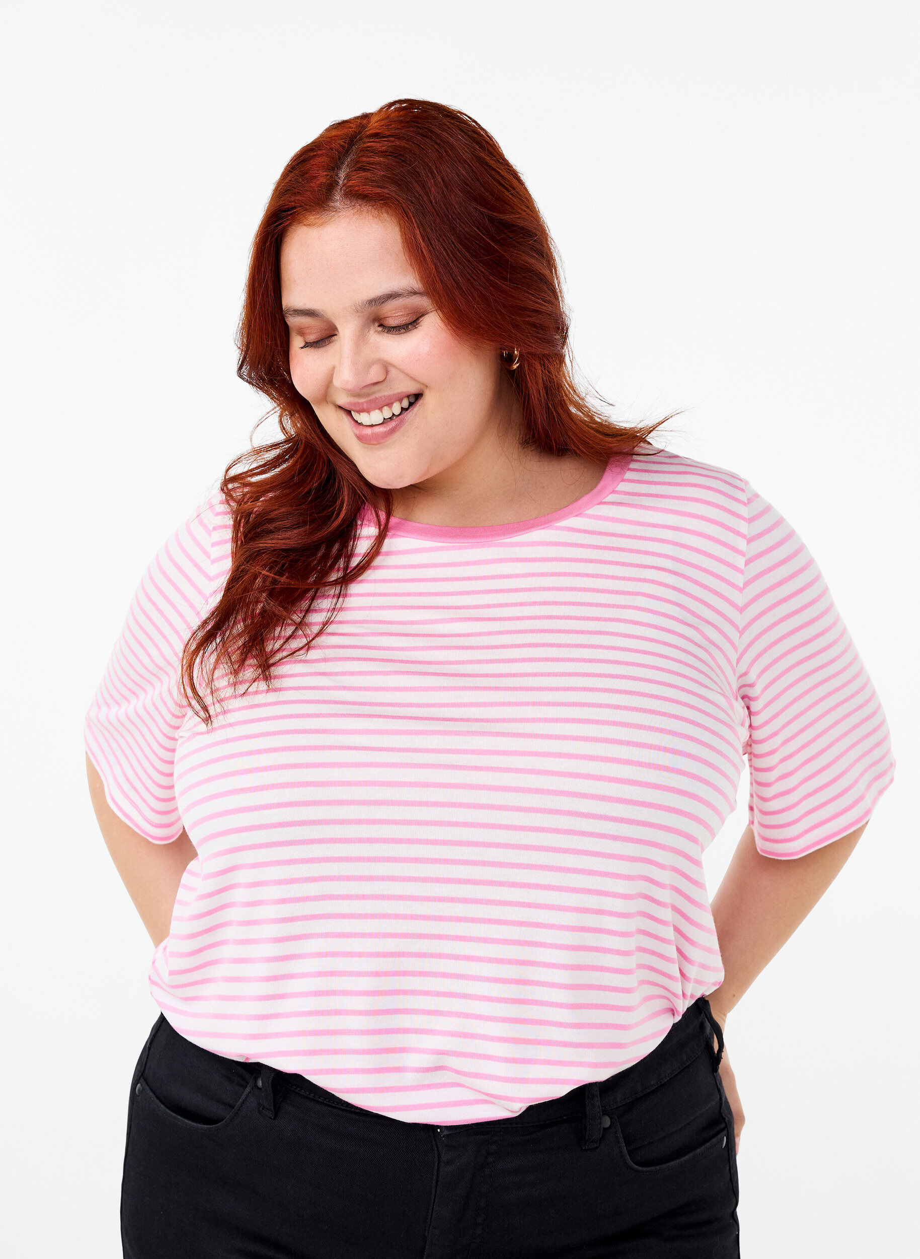 Zizzi Stripete T-skjorte i lyocell med rund hals, R&oslash;d, Model image number 0