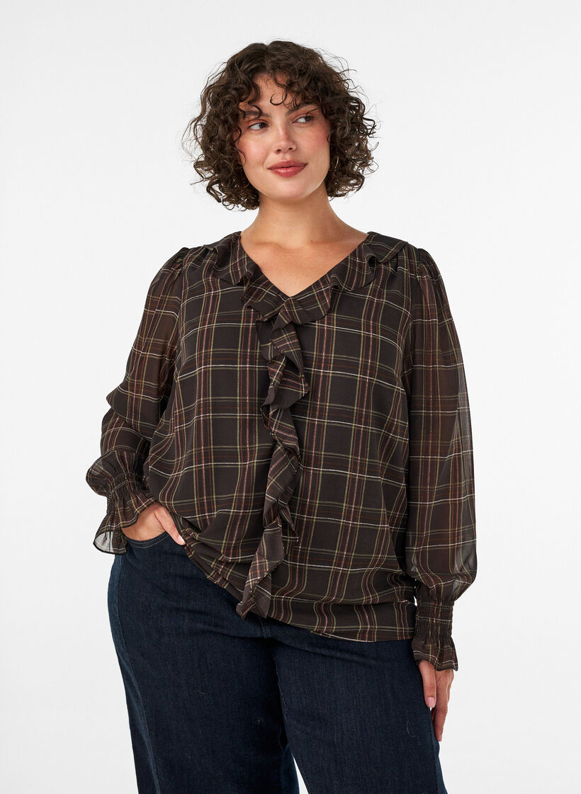 Bluse med rutete og rysje detaljer, Gr&oslash;nn, Model image number 0