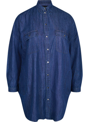 Oversized denimskjorte med lommer, Dark blue denim, Packshot image number 0