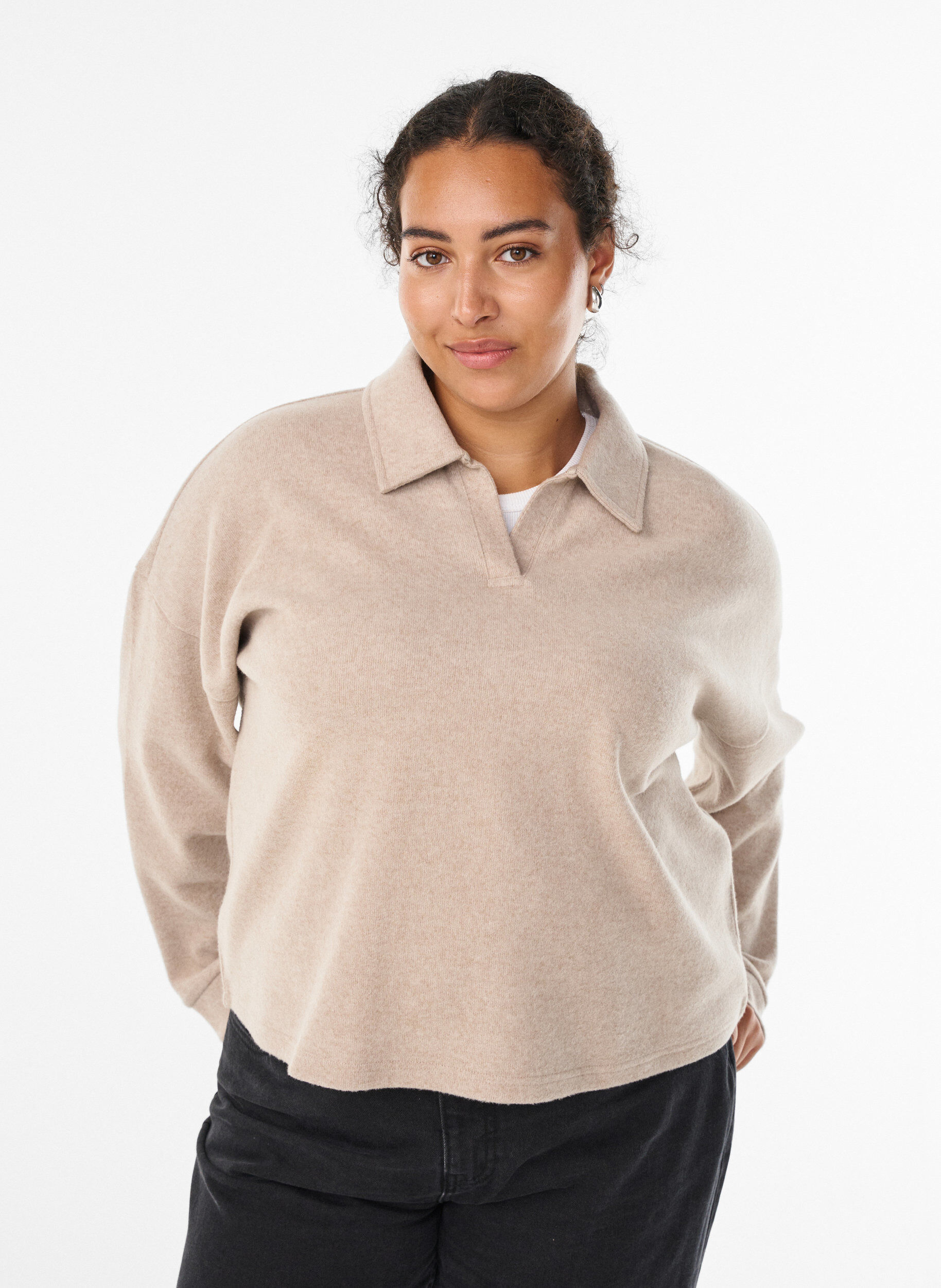 Jerseybluse med krage og V-hals, Beige, Model