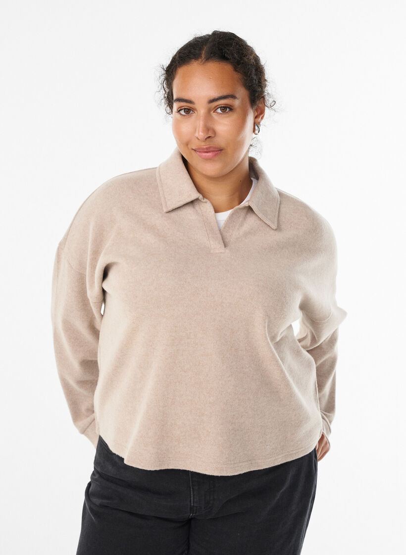 Jerseybluse med krage og V-hals, Beige, Model image number 0