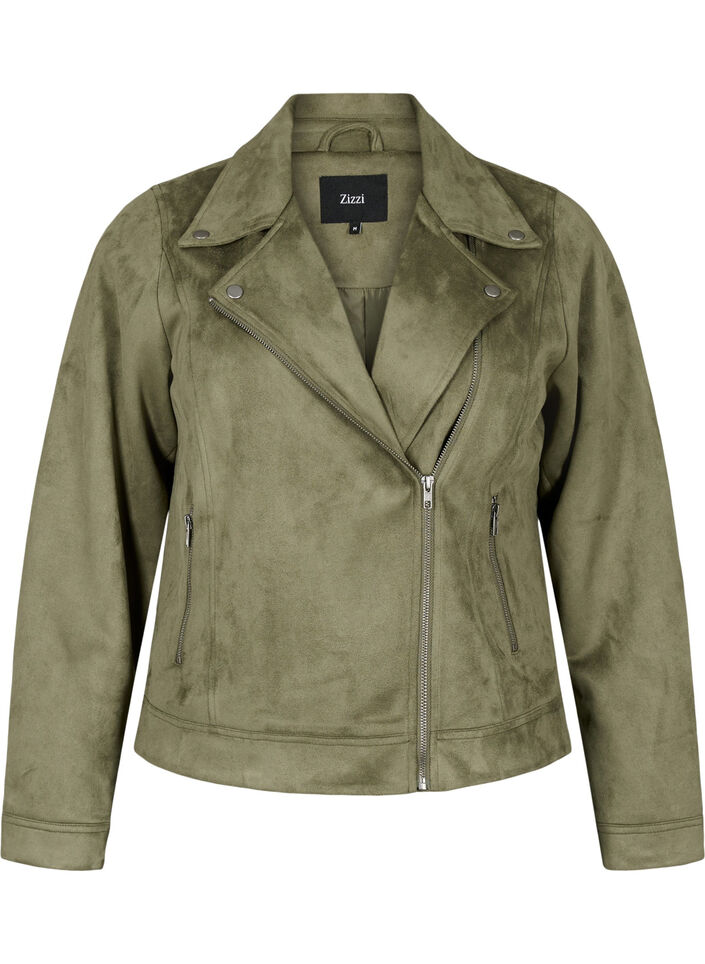 Bikerjakke i imitert semsket skinn, Dusty Olive, Packshot image number 0