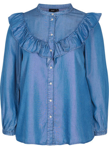 Langermet skjorte med volanger i lyocell (TENCEL™), Blue denim, Packshot image number 0