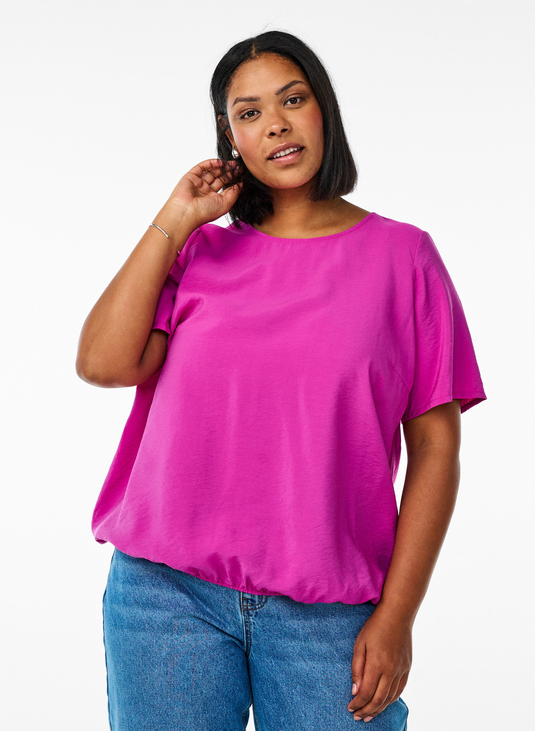 Kortermet bluse med elastisk fold, Rosa, Model