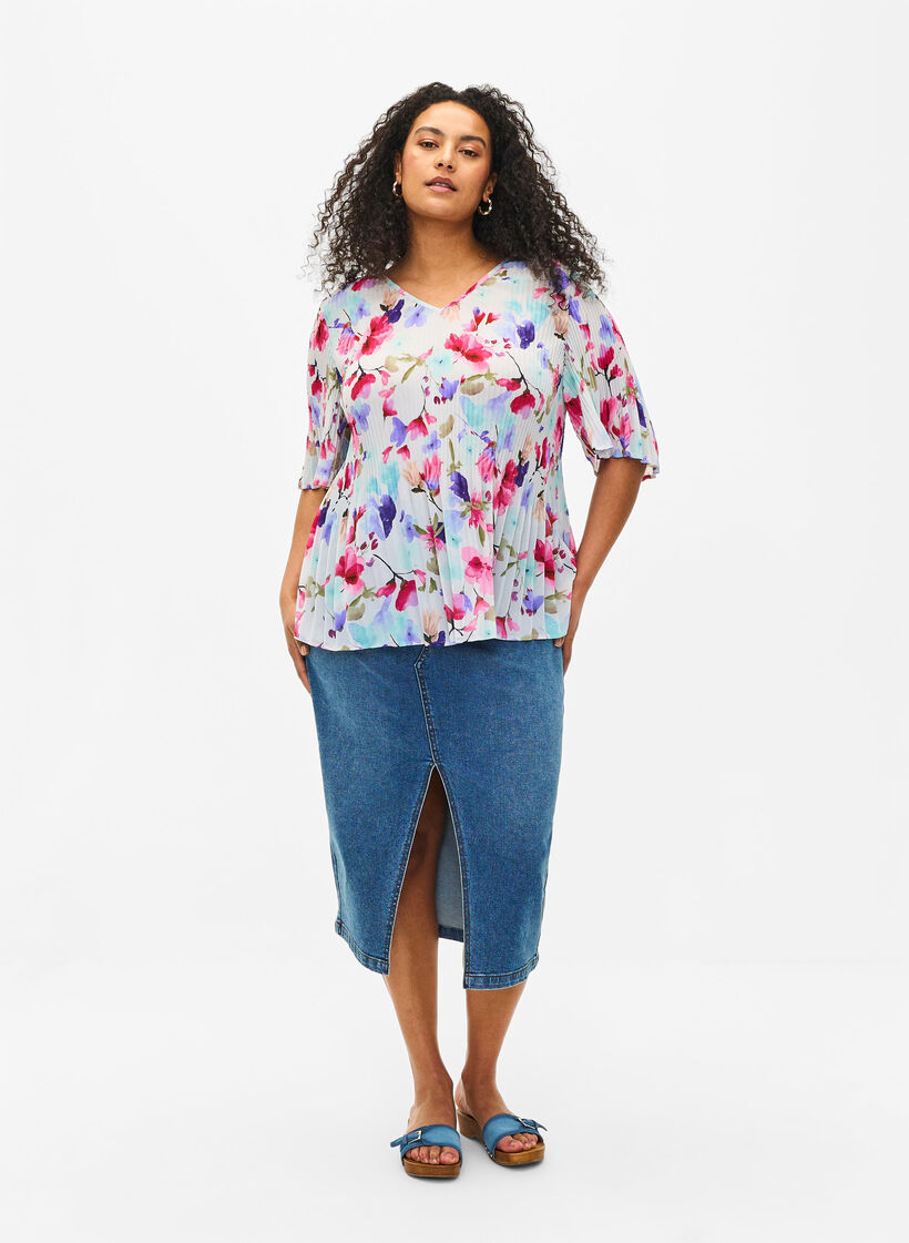 Plissert blomstrete bluse, White/MultiFlowerAOP, Model image number 2