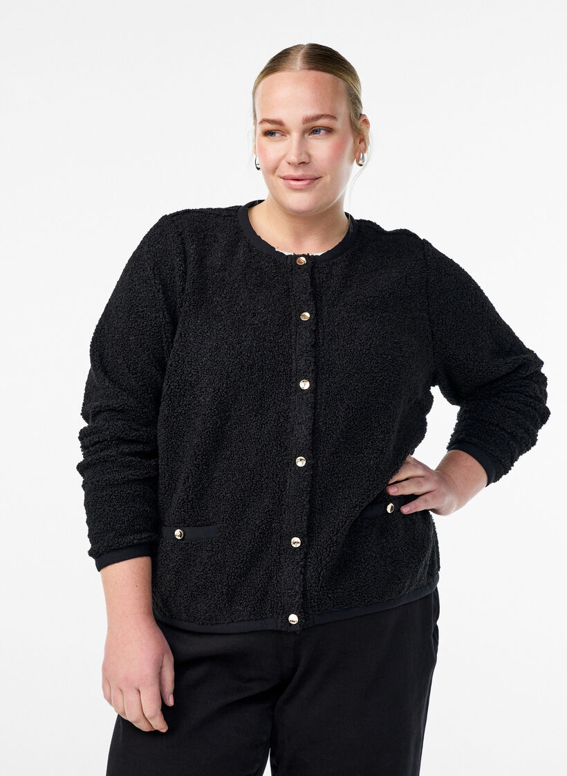Teddy cardigan med gullfargede knapper, Svart, Model image number 0