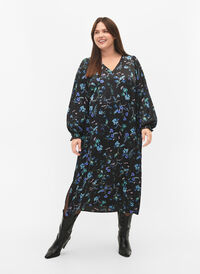 Midikjole med lange ermer og blomstertrykk, Blue Flower AOP, Model