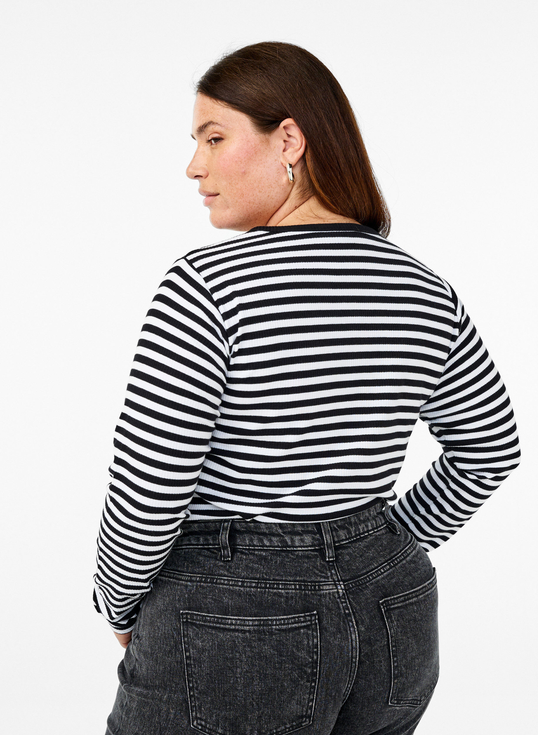 ZizziStripete bluse med lange ermer, Svart, Model image number 2