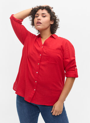 Bluse med 3/4-ermer og knapper, Chinese Red, Model image number 0