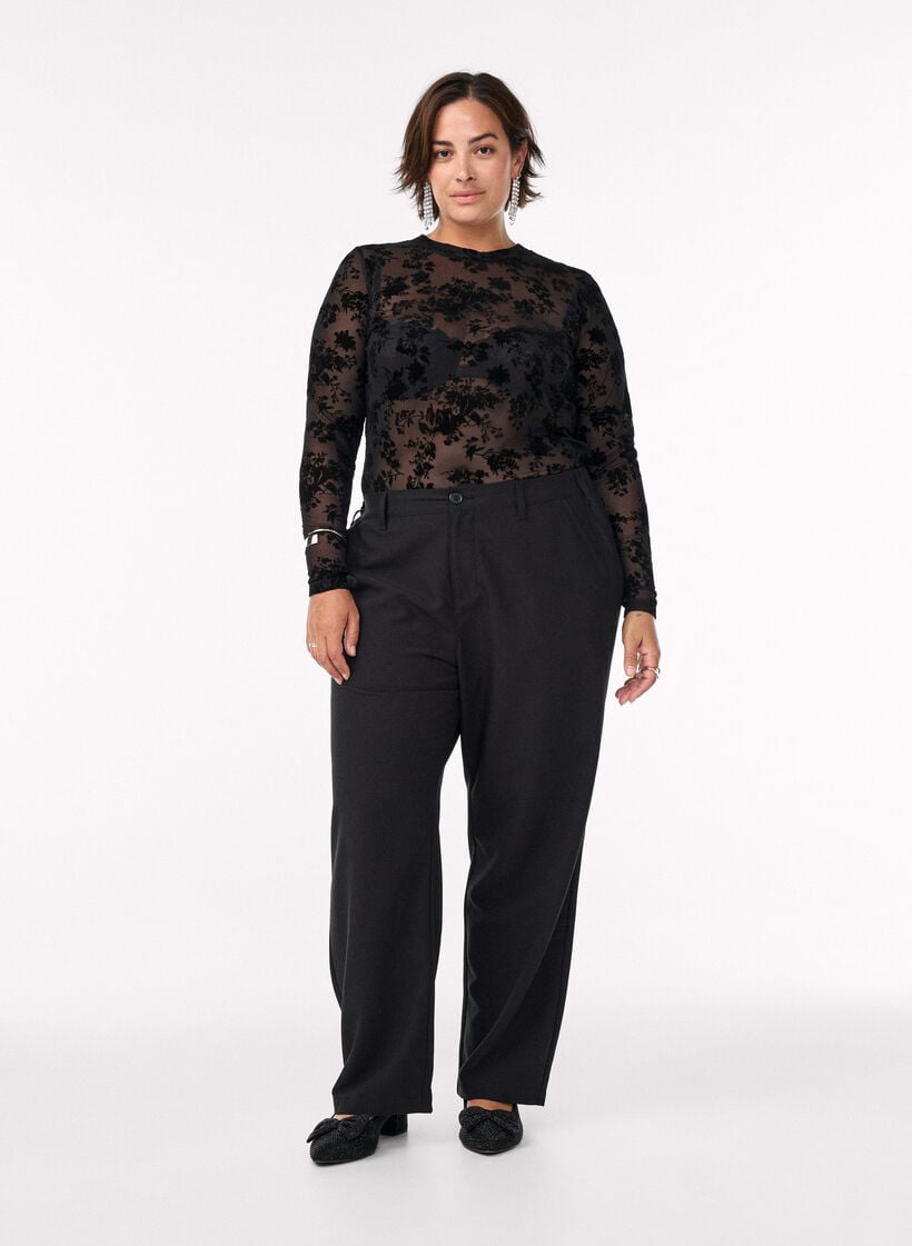 Bluse i mesh med blomstertrykk, Svart, Model