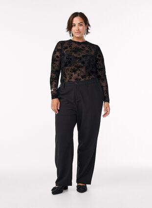 Zizzi Bluse i mesh med blomster-mønster, Svart, Model image number 1