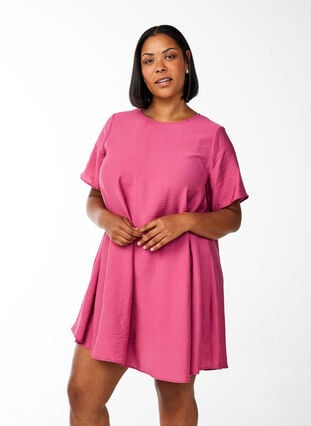 Zizzi A-line kjole i viskose med korte ermer, Rosa, Model image number 0