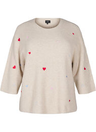 Strikket bluse med hjerter og 3/4-ermer, Pumice Stone Mel.
