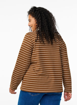 Zizzi Stripete poloskjorte med glidelås, Brun, Model image number 2