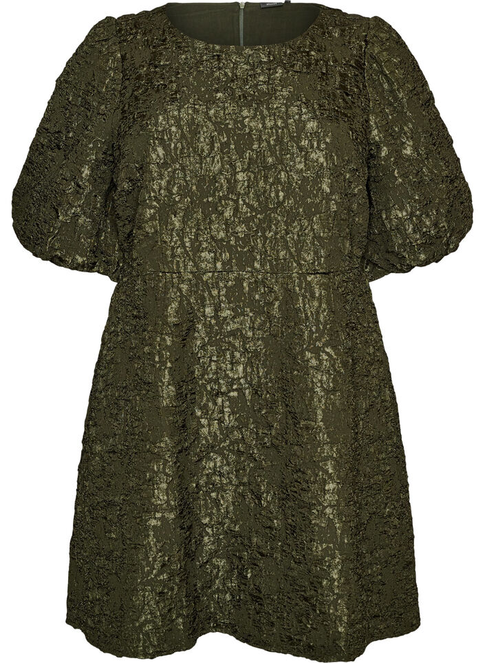 Jacquard kjole med puffermer og A-linje, Gr&oslash;nn, Packshot image number 0