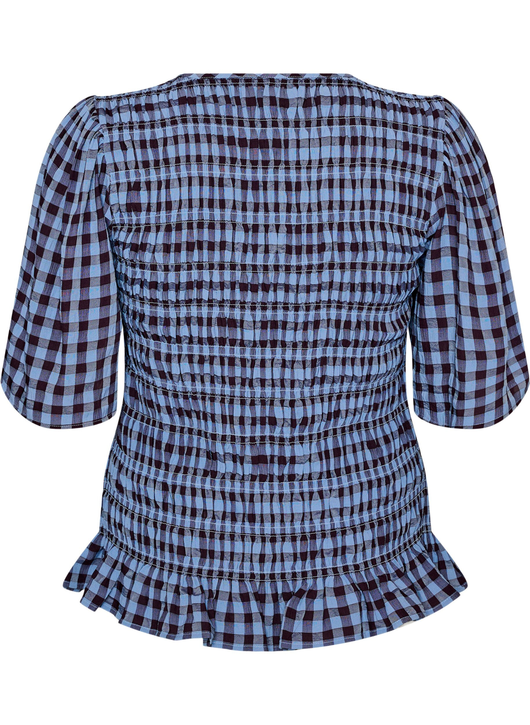 ZizziBluse med smock, gingham-m&oslash;nster og rysjekant, Bl&aring;, Packshot image number 1