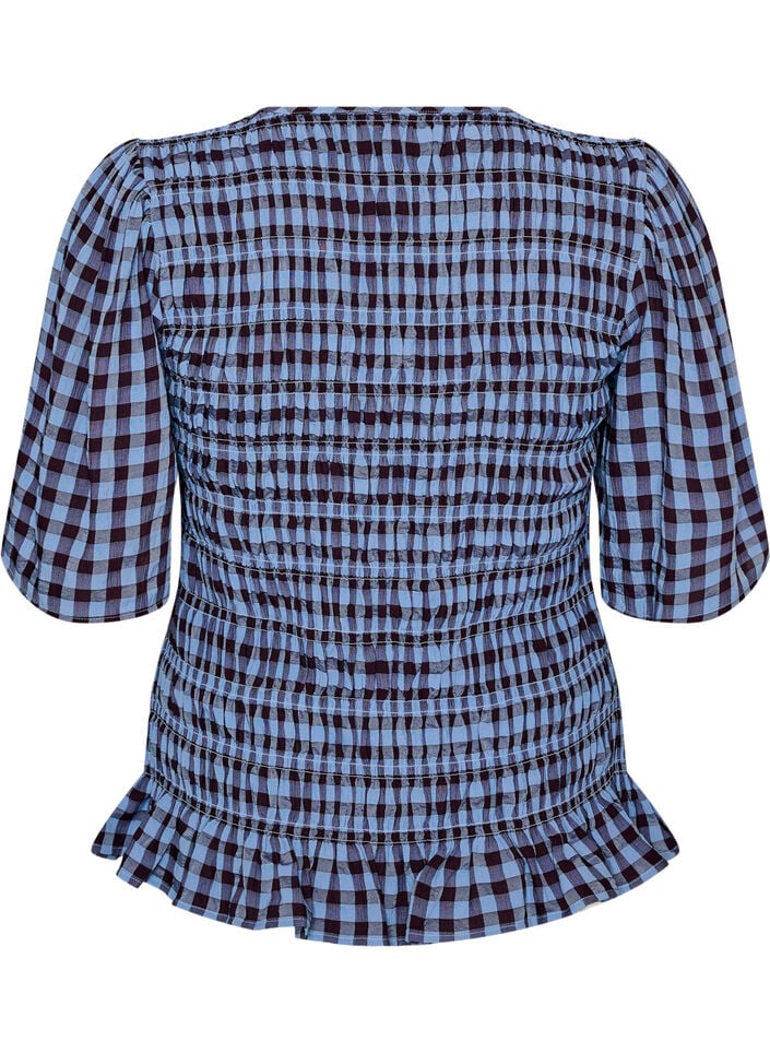 Bluse med smock, gingham-m&oslash;nster og rysjekant, Bl&aring;, Packshot image number 1