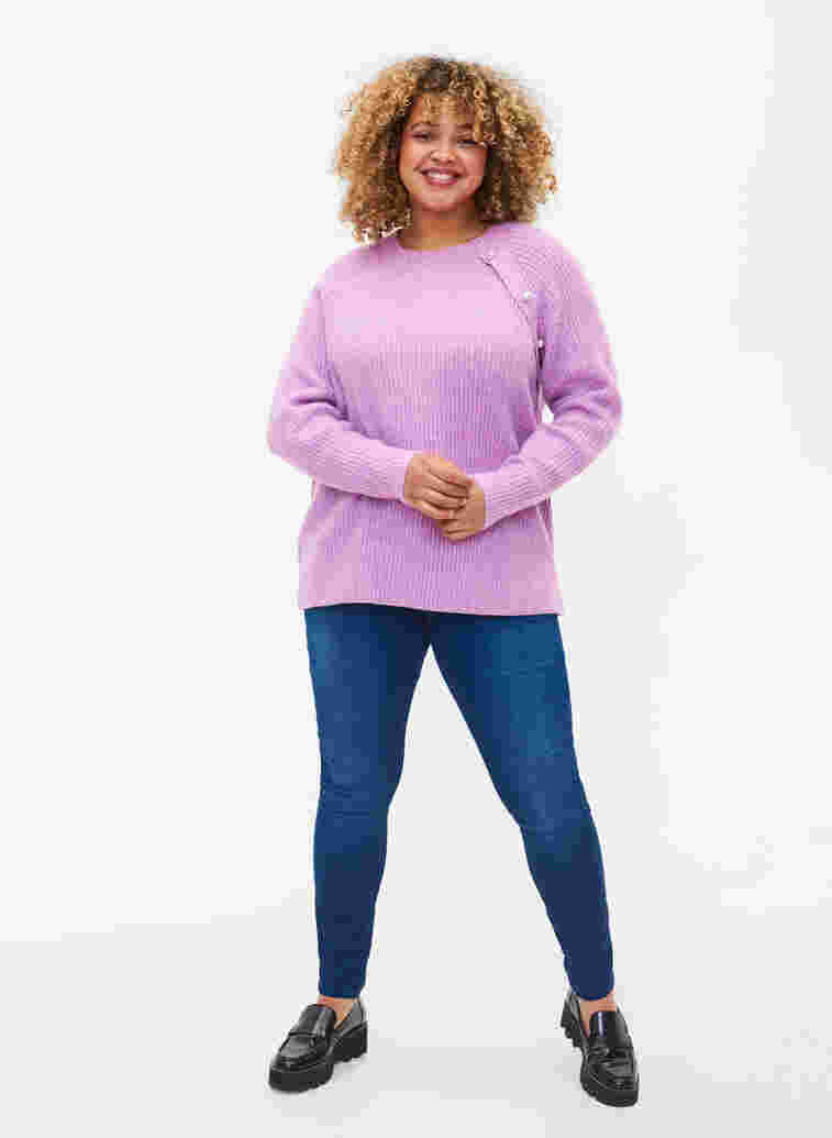 Melert strikkegenser med perleknapper, Purple Mel., Model image number 3