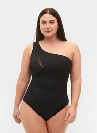 One-shoulder badedrakt med mesh, Black, Model